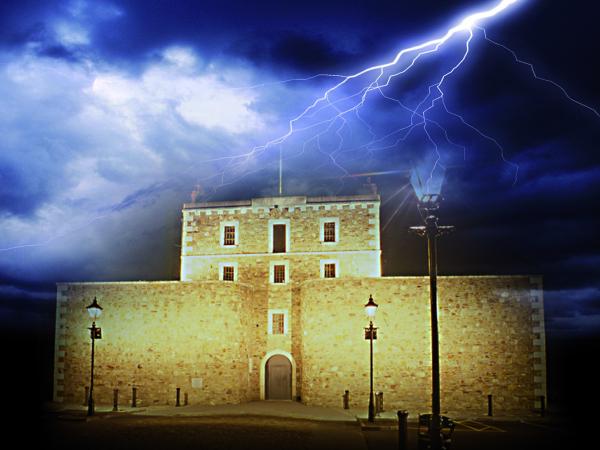 Wicklow Gaol front at night with lightning