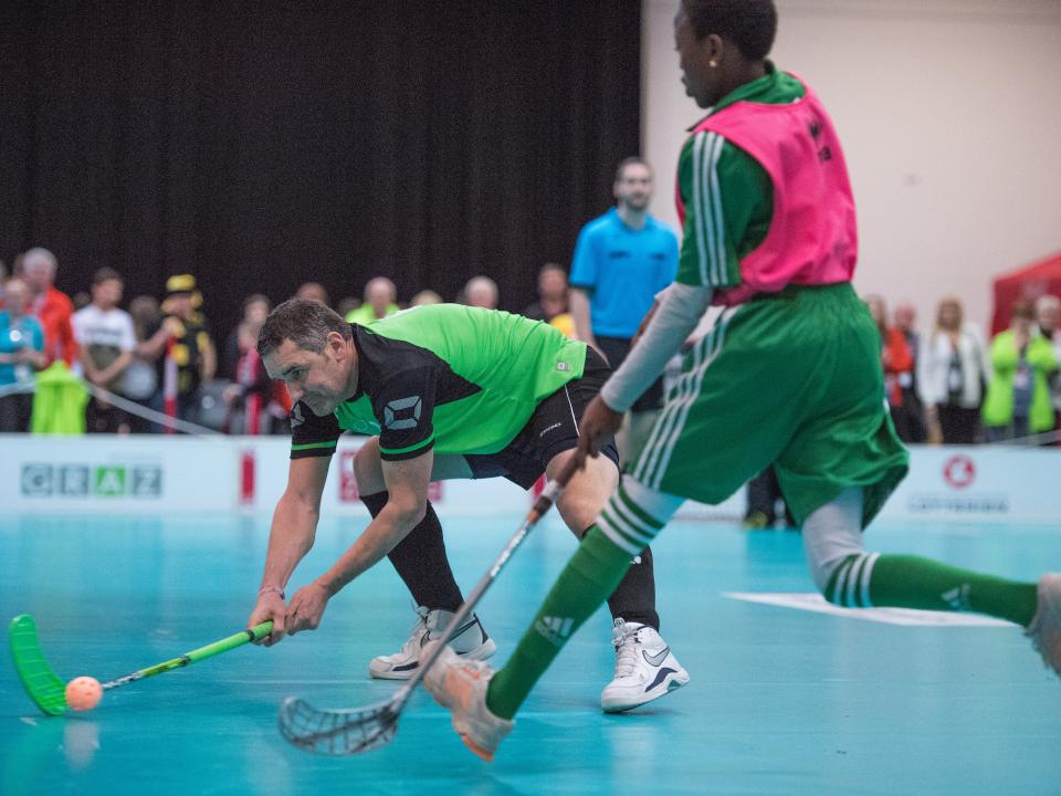 Floorball is a sport similar to ice hockey but play indoors on a court