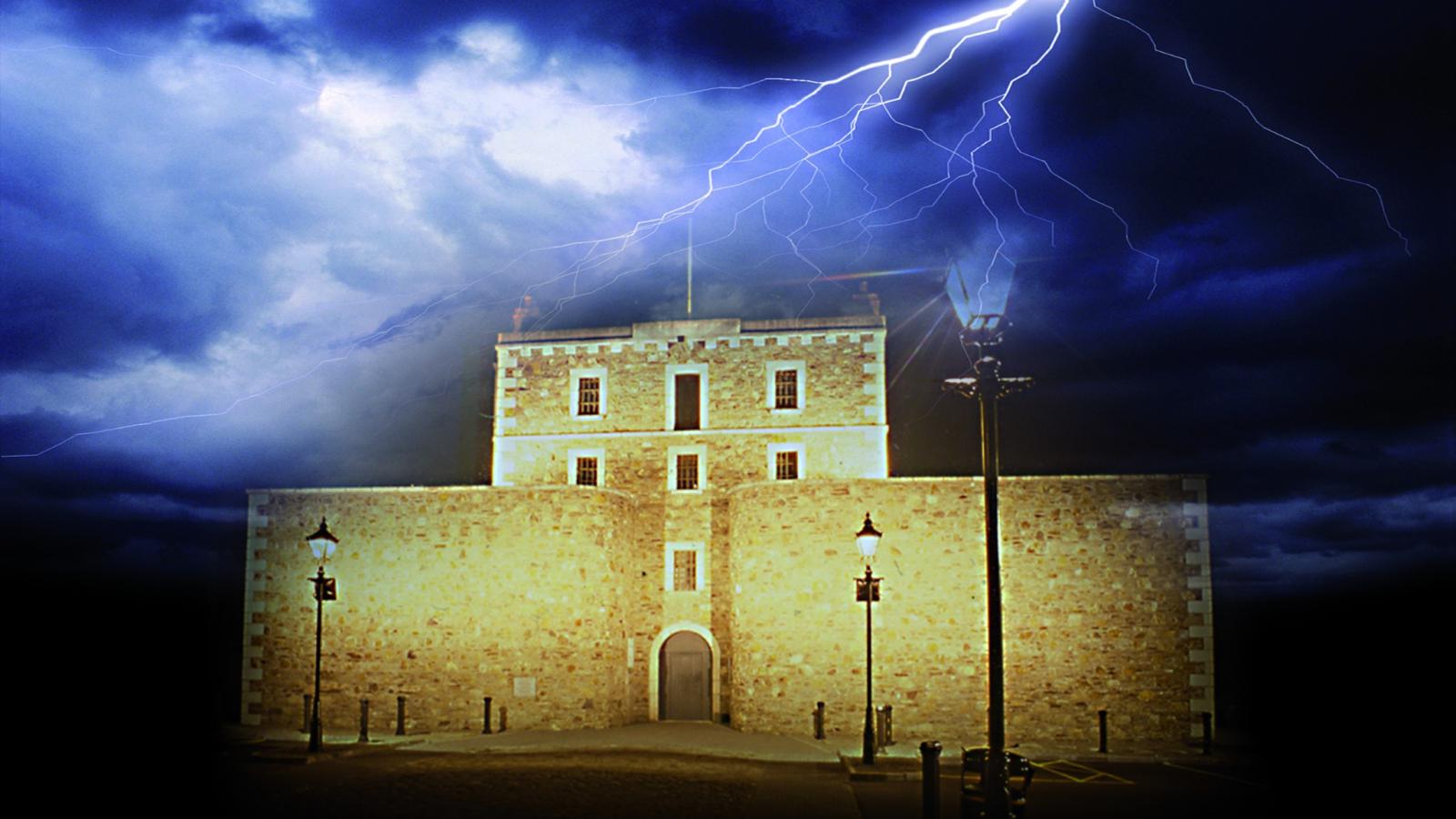 Wicklow Gaol front at night with lightning